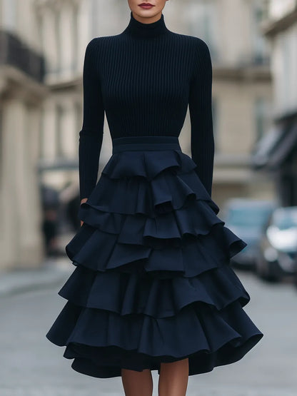 Turtleneck Ribbed-Bodice Tiered Ruffle Midi Dress