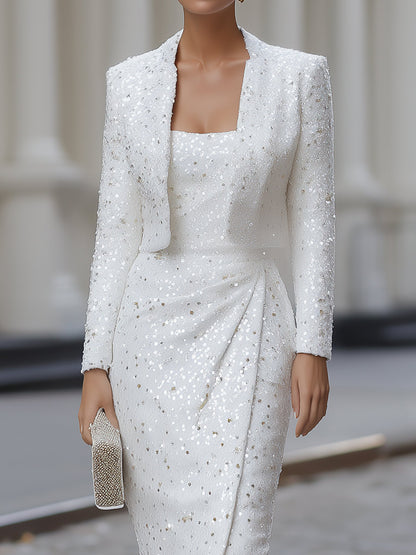 Shimmering Ruched Dress And Blazer Set