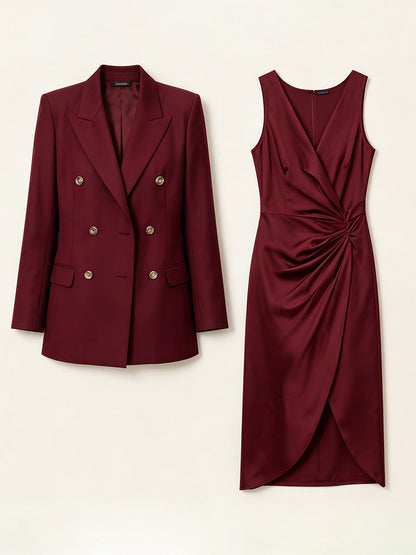 Satin Blazer & Draped Midi Dress Two-Piece Set