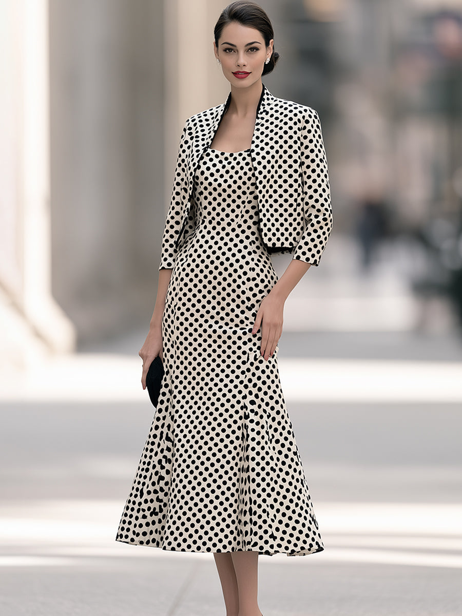 Polka Dot Cropped Blazer And Midi Dress Set