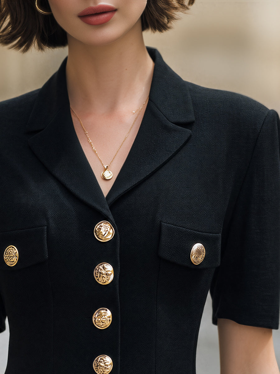 Tailored Gold-Button Blazer-Style Short Sleeve Top