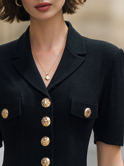 Tailored Gold-Button Blazer-Style Short Sleeve Top
