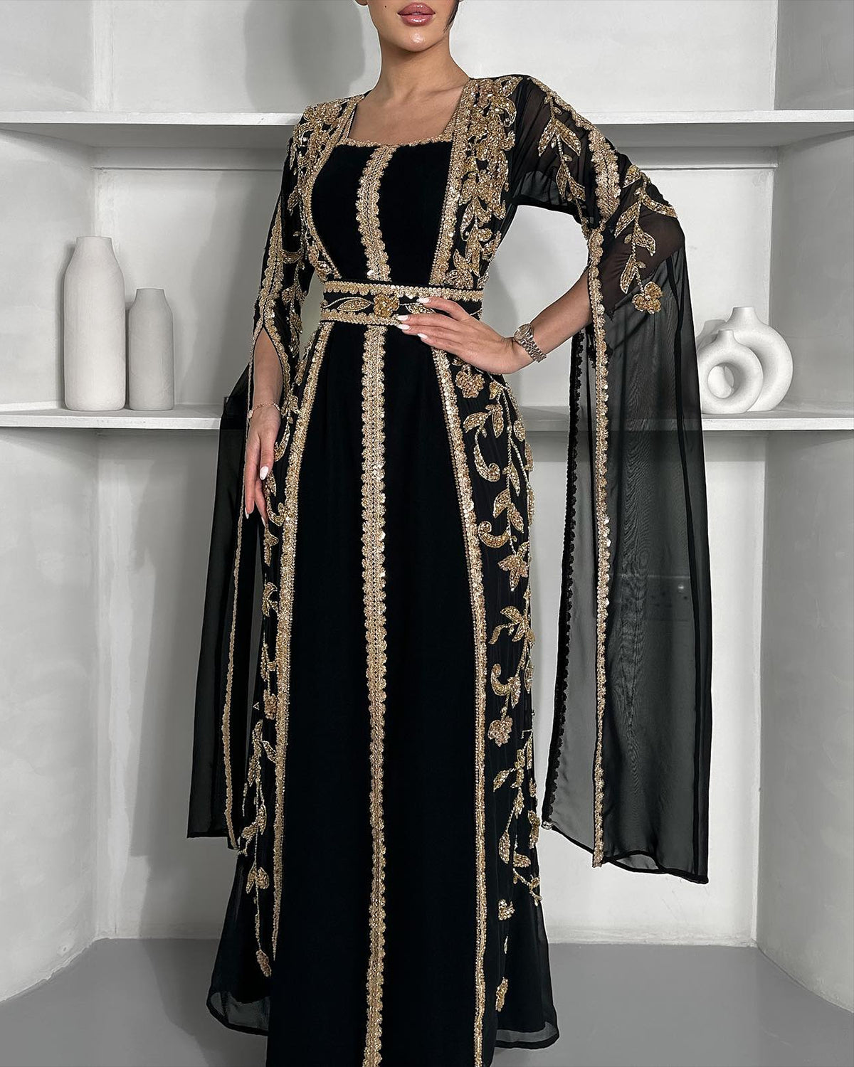 Women's Square Neck Shawl Embroidered Kaftan Dress