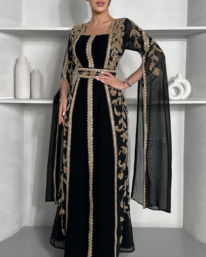 Women's Square Neck Shawl Embroidered Kaftan Dress