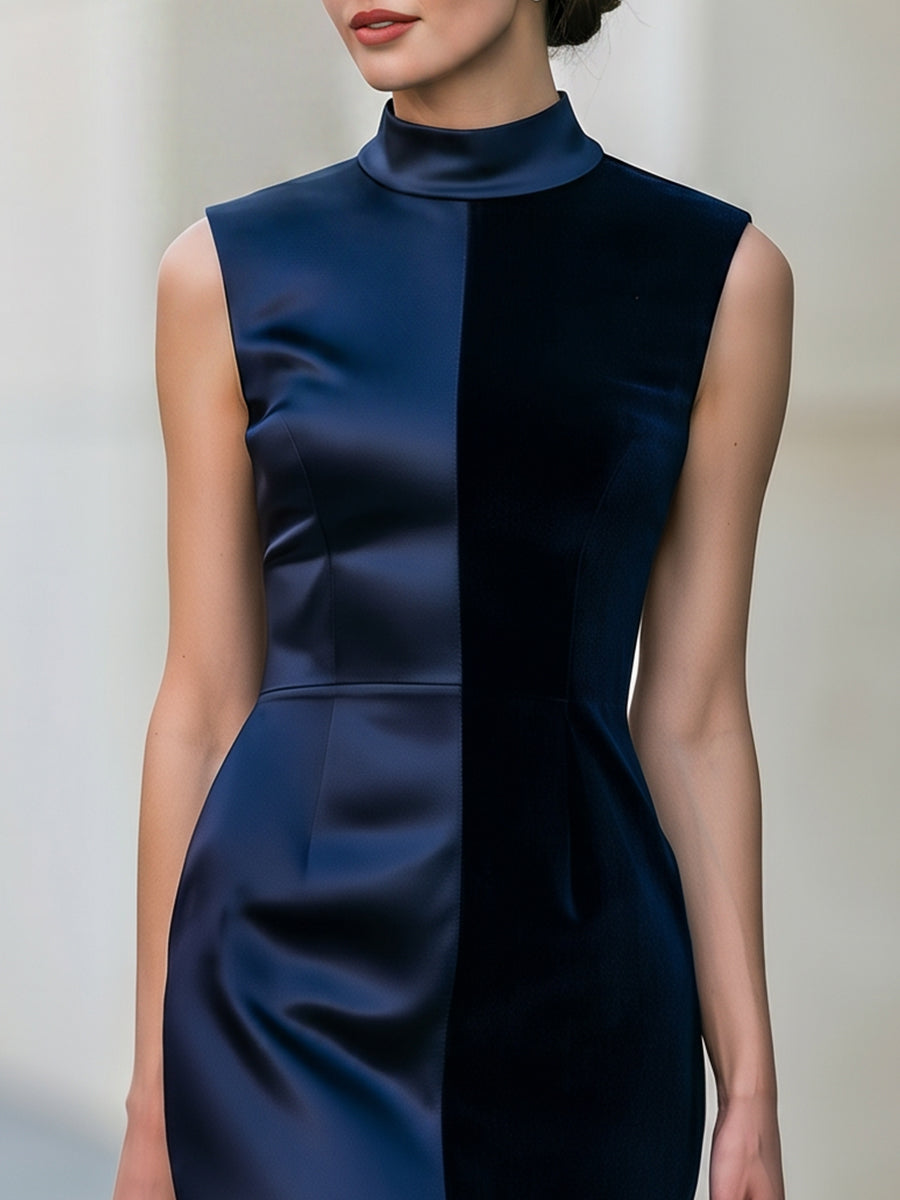 Sleeveless Colorblock Mock Neck Sheath Midi Dress
