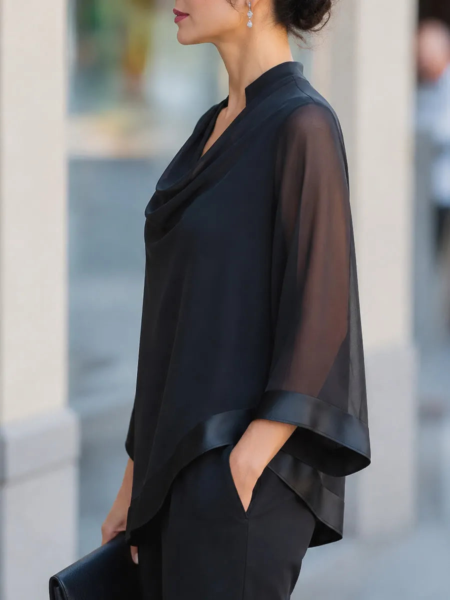 Sheer Flared Sleeve Cowl Neck Blouse With Satin Trim