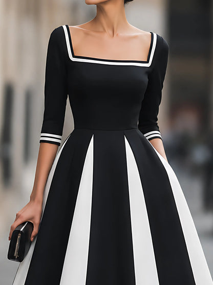 Contrast-Panel Square-Neck A-Line Midi Dress