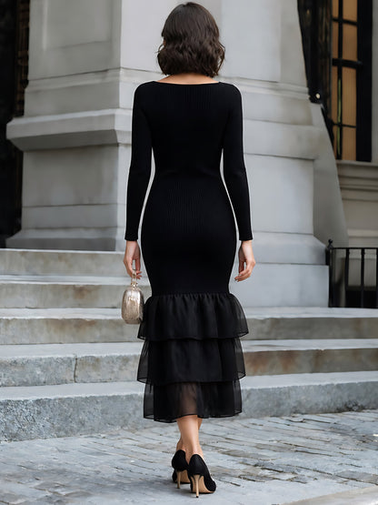 Ribbed Knit Organza Ruffle Bodycon Midi Dress
