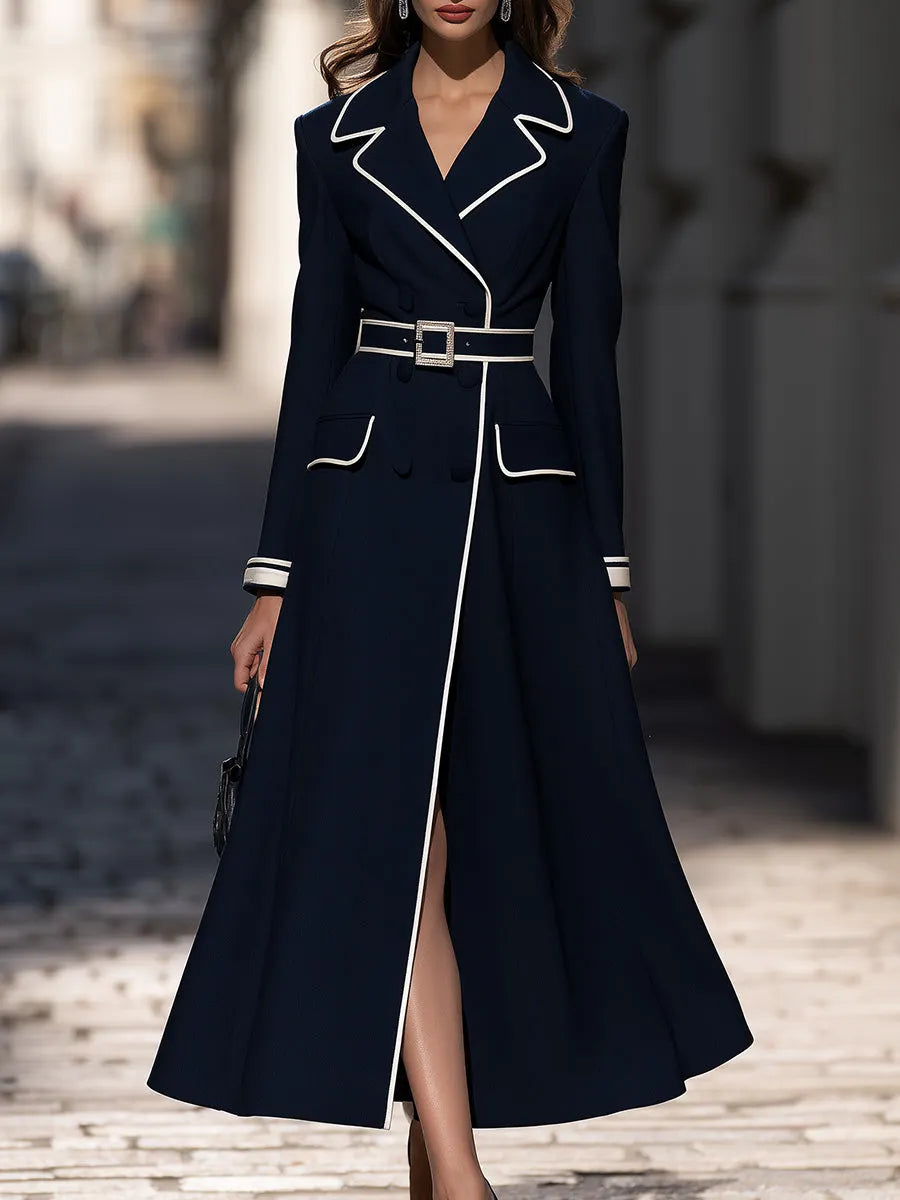 Color-Blocked Piping Belt Suit-Style Long Dress