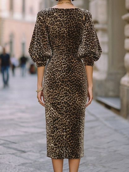 Leopard Print Balloon Sleeve Pencil Midi Dress