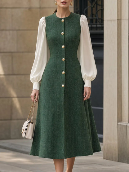 Contrast Sleeve Button-Front Tweed Structured Midi Dress