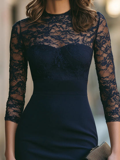 Lace Sleeve Sheer Yoke Pencil Midi Dress
