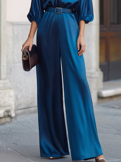 Draped Sleeves Belted Waist Satin Wide-Leg Jumpsuit