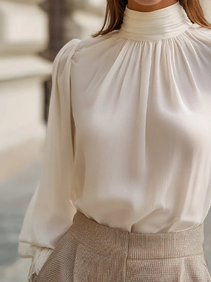 High-Neck Gathered Chiffon Blouse