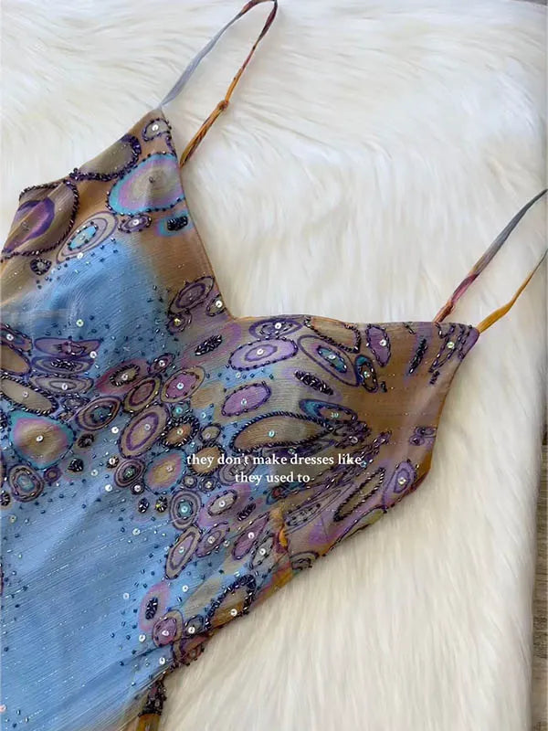 Sequinned Flower Embroidered Gradient Color Sleeveless Spaghtti-Neck Evening Maxi Dresses