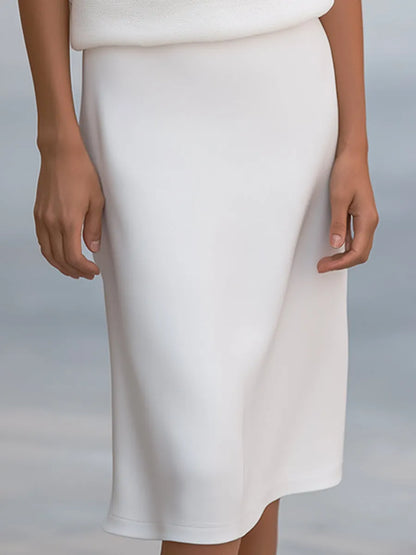 Elegant White Turtleneck Knit Top And Pencil Skirt Set
