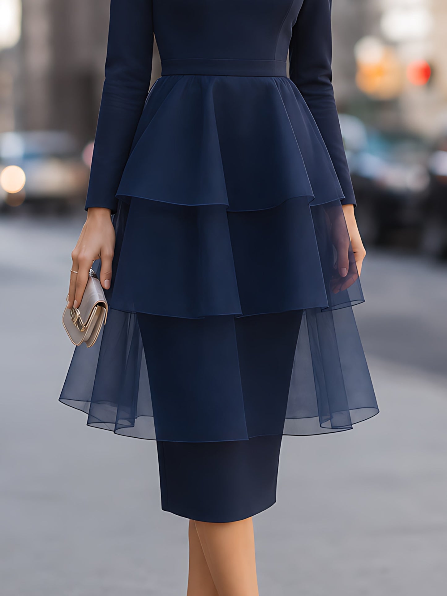 Folded-Collar Organza Tiered Pencil Midi Dress