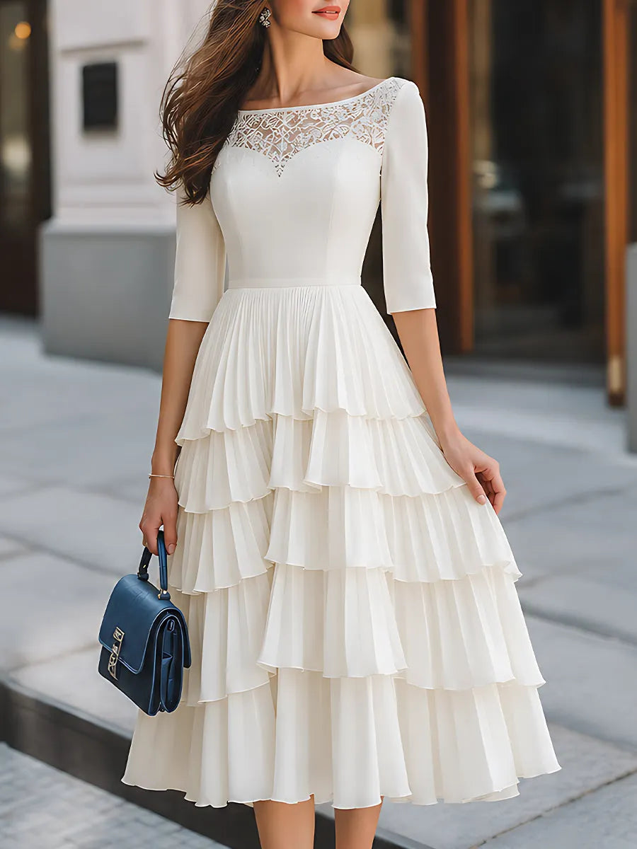Lace-Yoke Tiered Ruffle Midi Dress