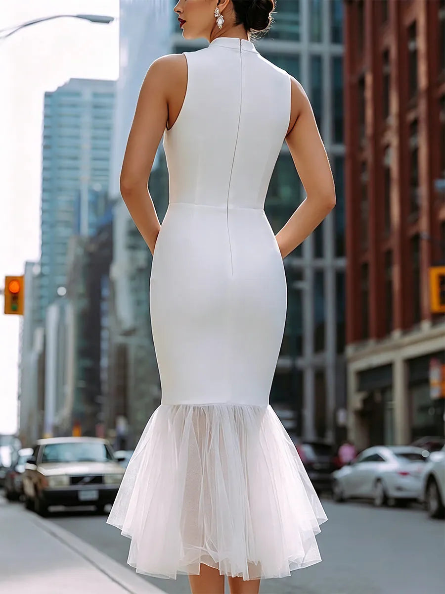 Elegant Mesh Hem Mermaid Midi Dress