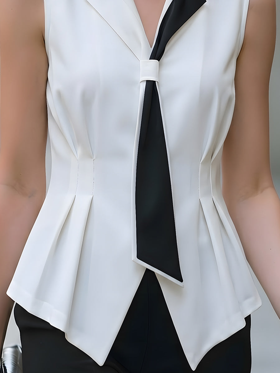 Sleeveless Blouse With Contrast Black Tie Detail