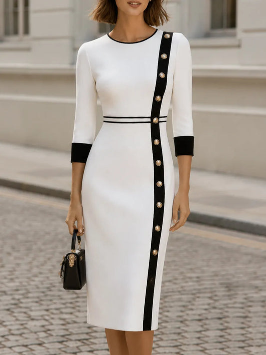 Round Neck 3/4 Cuff Trim Vertical Gold Button Color Block Midi  Dress