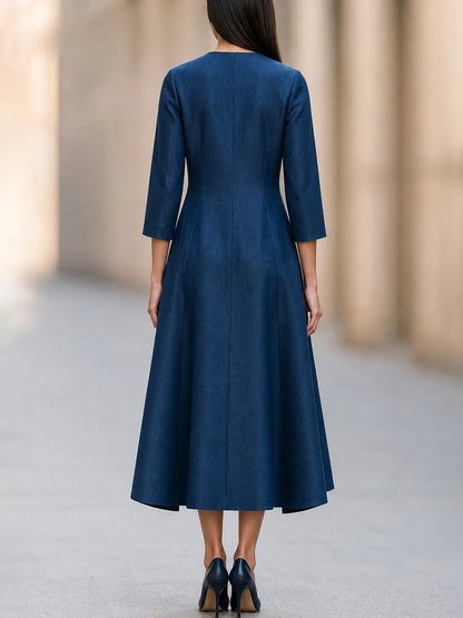 Two-Piece Set: Waterfall-Style Layered Cardigan-Effect Dress With Slim-Fit V-Neck Midi Dress