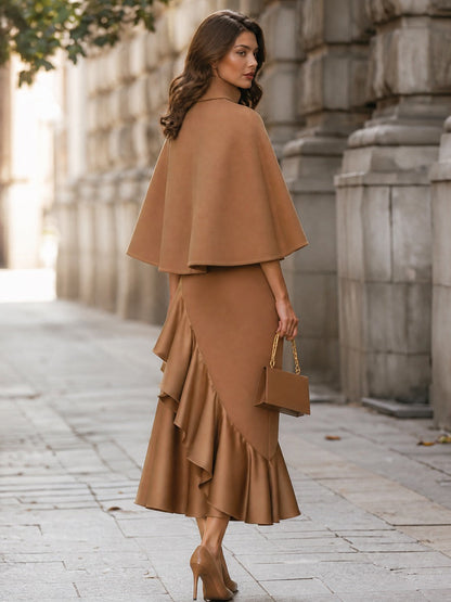 Stand Collar Cape Coat And Ruffle Skirt Set