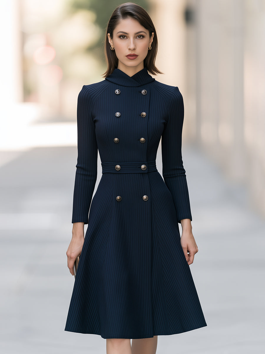 Double-Breasted Ribbed Knit Midi Dress
