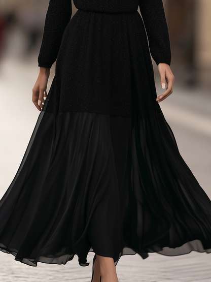 Round-Neck Blouson Waist Textured Knit Chiffon Panel Flowing Maxi Dress