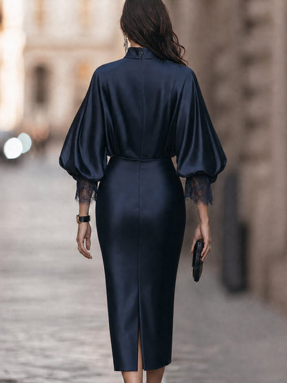 High-Neck Satin Puff Sleeves Lace Cuffs Midi Dress