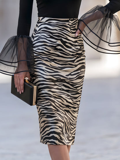 Sheer Ruffle-Cuff Top And Zebra-Print Midi Skirt Set