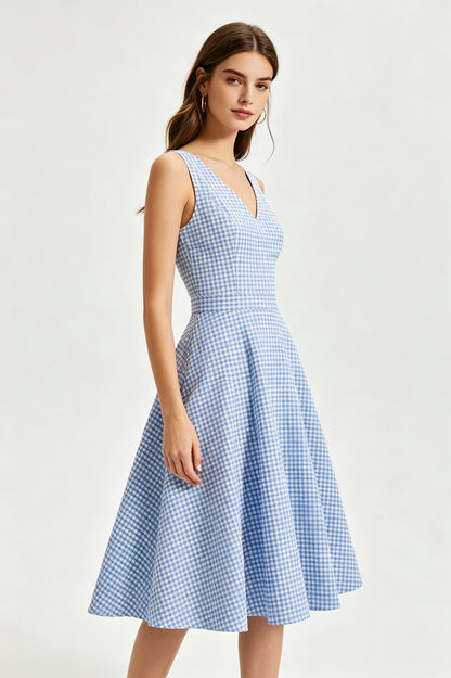 Blue White Gingham Fit and Flare Midi Dress - view 2