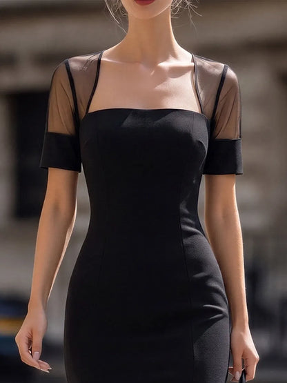 Square-Neck Mesh-Sleeve Slit Midi Pencil Dress