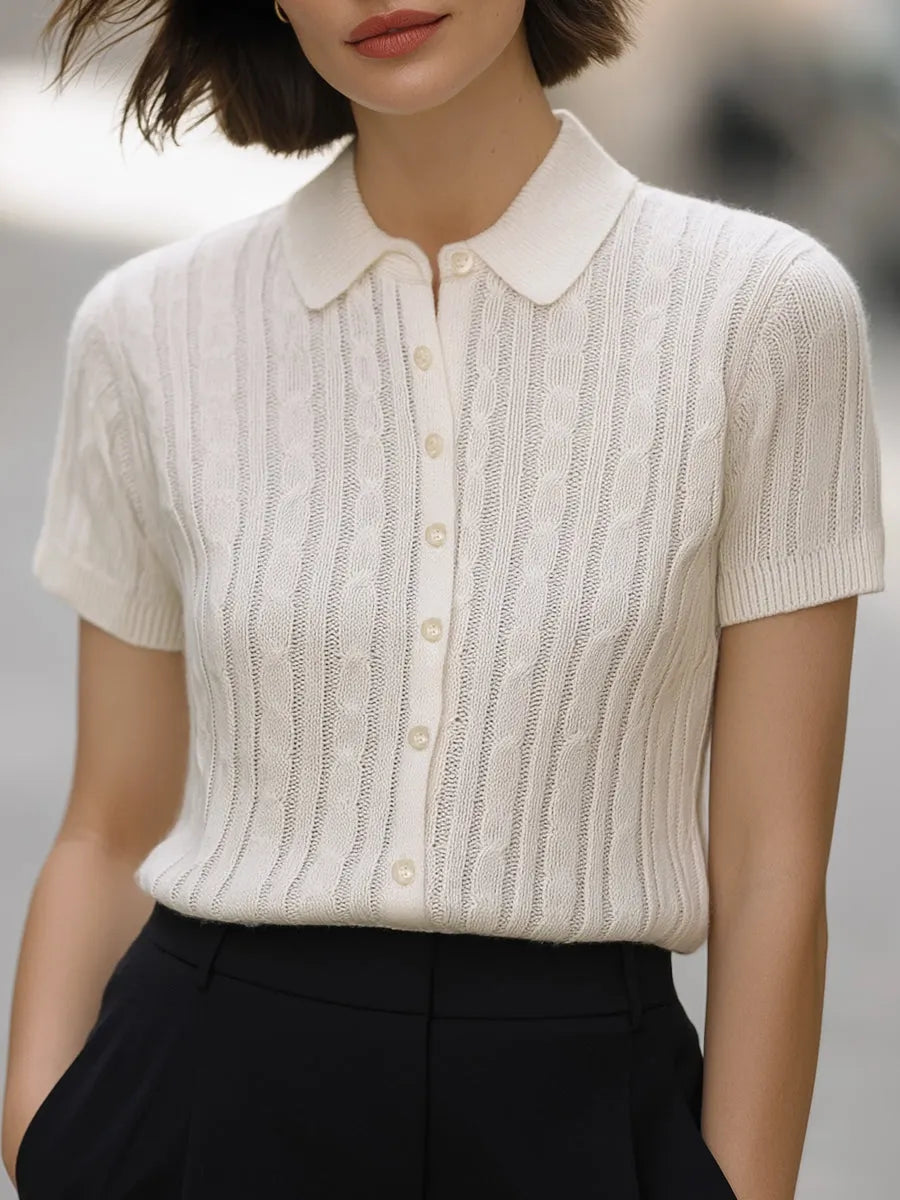Elegant White Cable Knit Polo Sweater Top