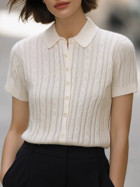 Haut Élégant en Maille Torsadée Polo Blanc