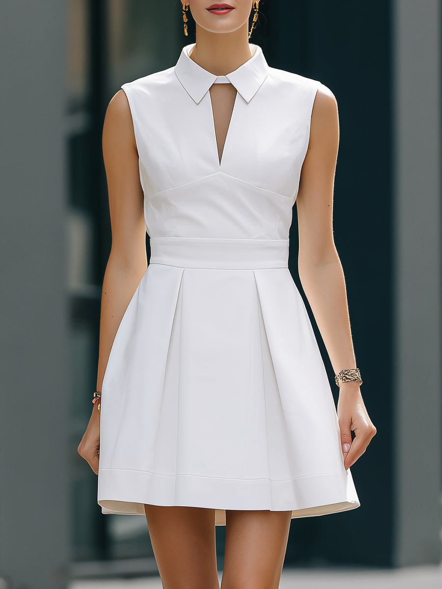 Sleeveless Collar Keyhole Pleated Mini Dress