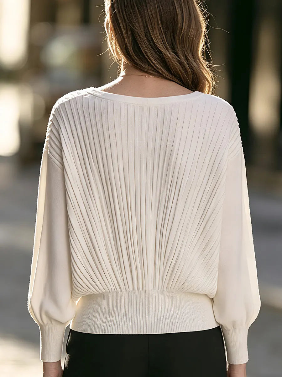 Pleated V-Neck Blouson Knit Sweater