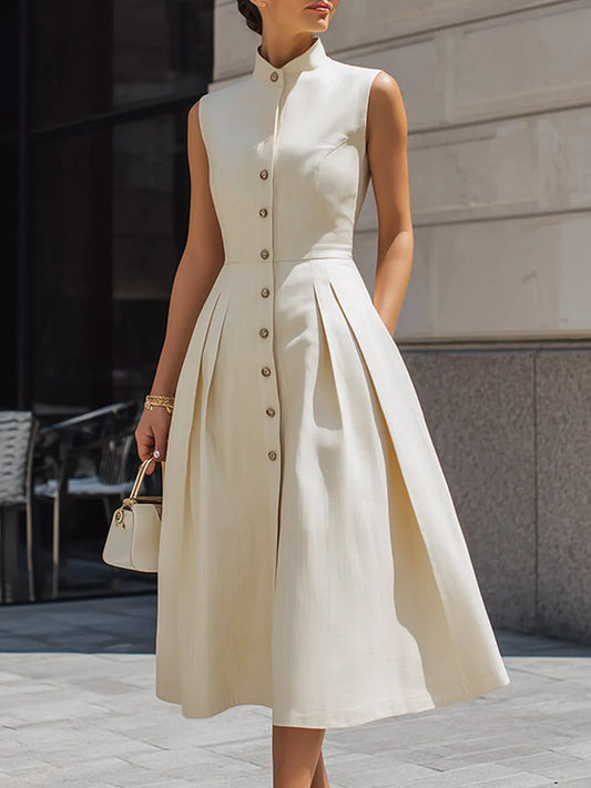 Sleeveless Stand-Collar Pleated Midi Shirt Dress