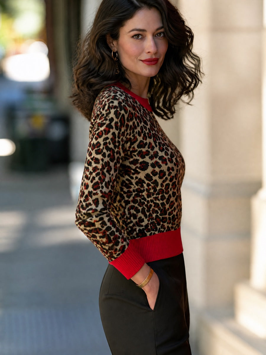 Leopard Contrast Trim Crew Neck Knit Top