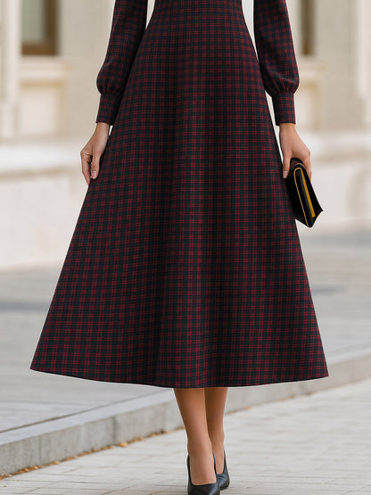 Plaid Cowl Collar Fit‐and‐Flare Midi Dress
