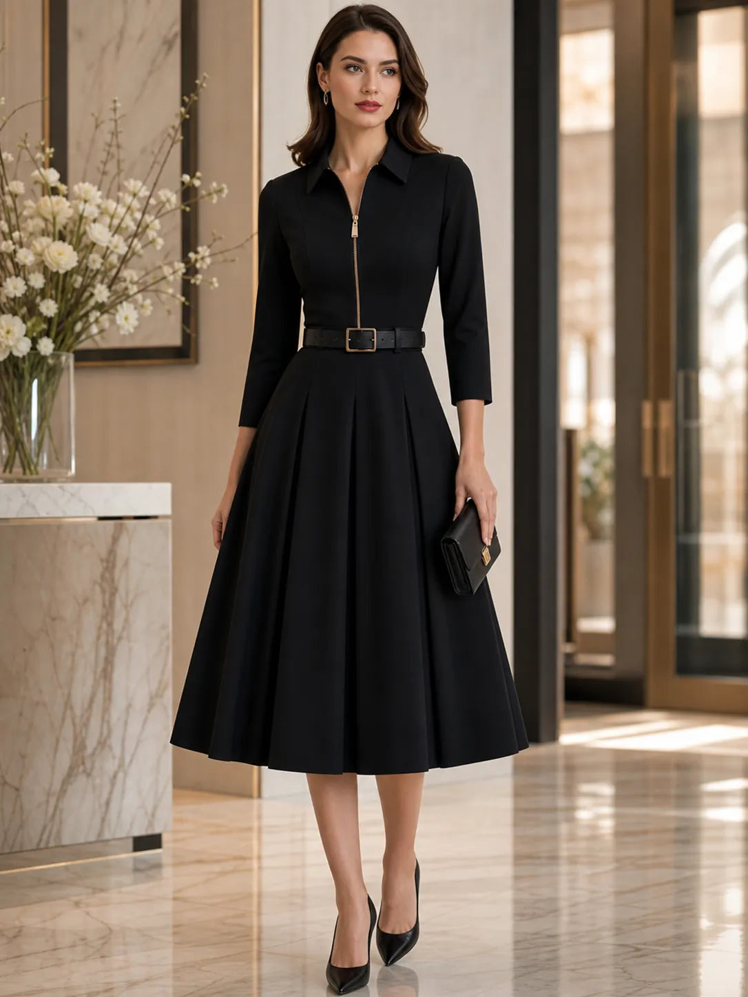 Collar Zip Front 3/4 Sleeve Belted Pleated Midi Dress