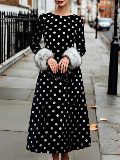 Polka Dot Velvet Fur-Cuff Maxi Dress