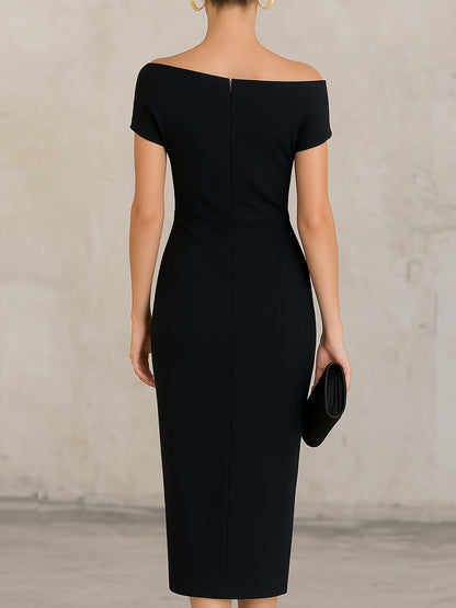 Minimalist Black Asymmetric One-Shoulder Midi Dress
