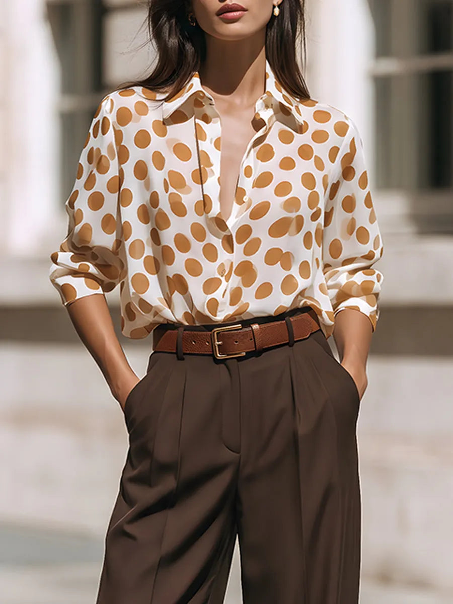Polka Dot Button-Front Blouse With Tailored Wide-Leg Trousers Set
