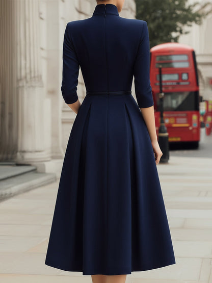 Structured Notch Neck Belted Midi Dress