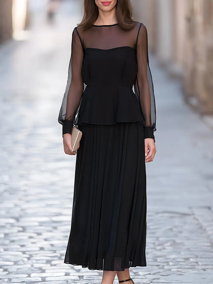Two-Piece Se Sheer Mesh Bodice & Pleated Chiffon Maxi Skirt