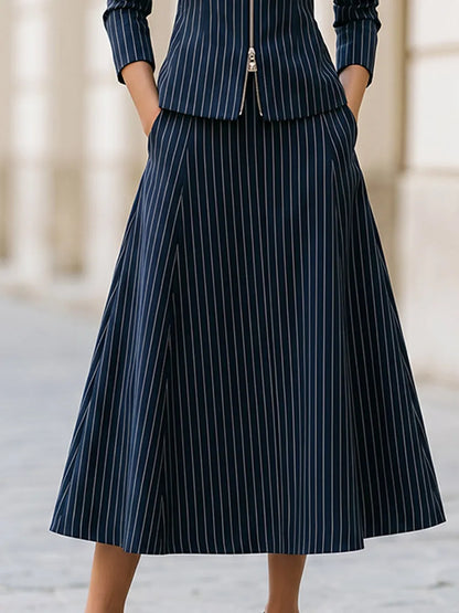 Striped Blazer And A-line Skirt Set