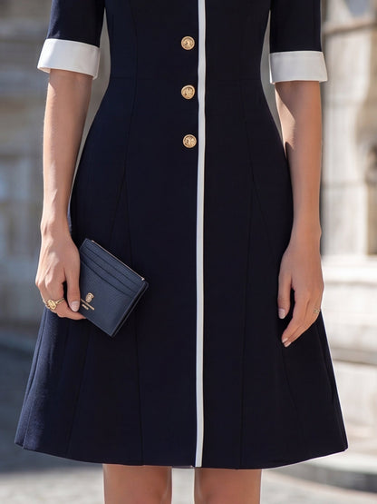 Contrast Trim Mandarin Collar Button-Down A-Line Midi Dress