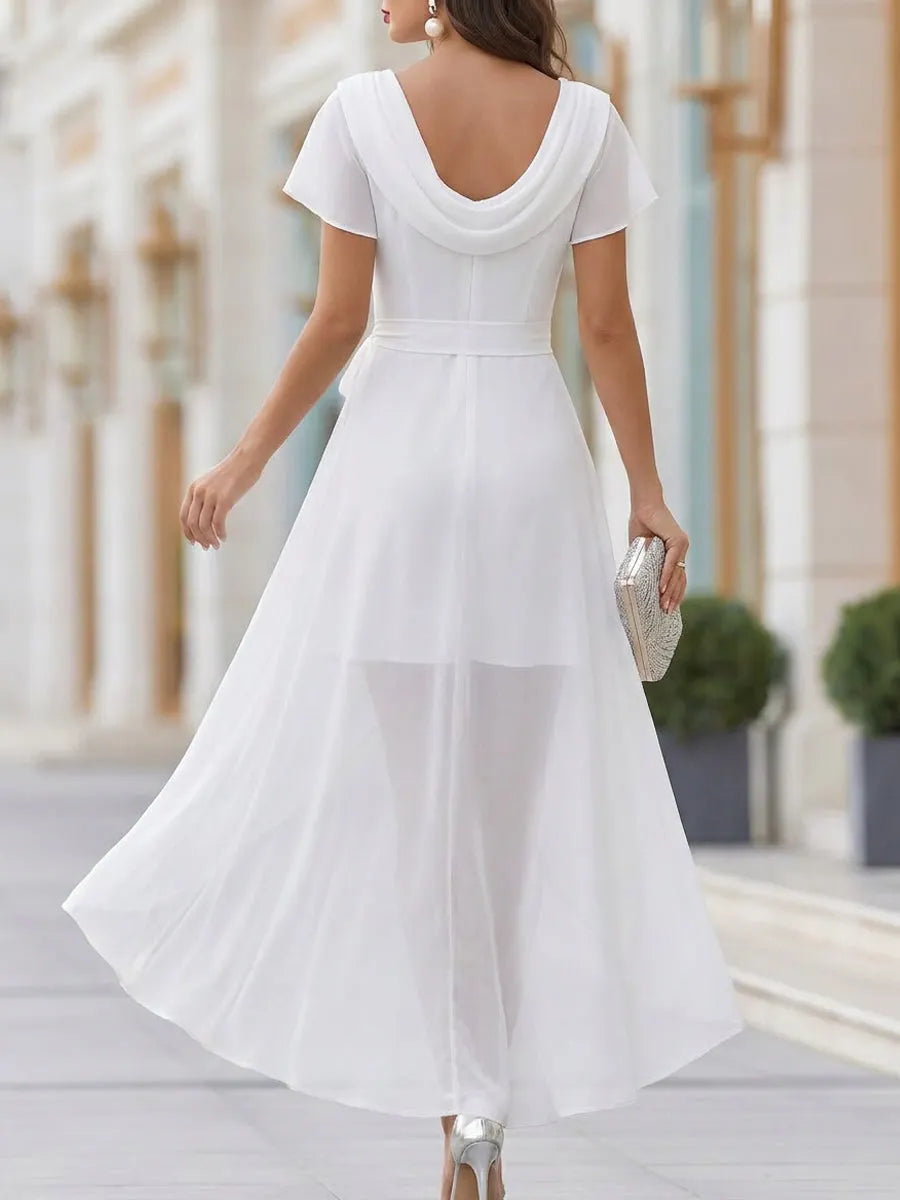 Chiffon Waist Tie Draped Neckline Maxi Dress