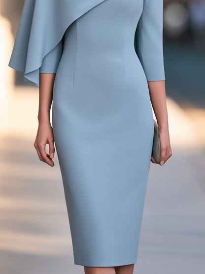 Boat-Neck Draped Cape Sleeve Midi Dress
